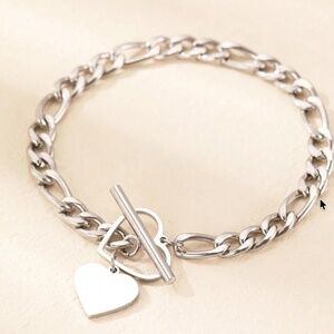 Dainty Stainless Steel Heart Pendant Chunky Cable Toggle Bracelet
